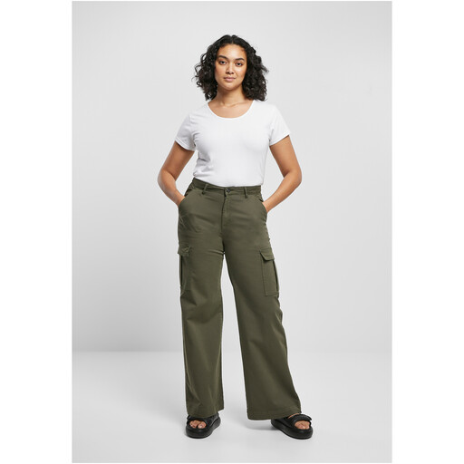 Urban Classics Ladies High Waist Wide Leg Twill Cargo Pants in Oliv
