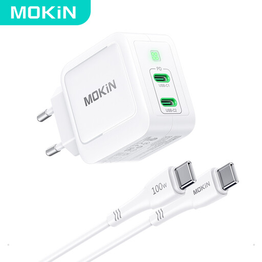 Mokin PD67W GaN Dual USB-C Charger (EU), White, with 1.2m USB-C Cable