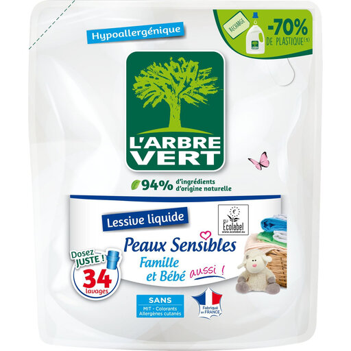 L'ARBRE VERT Hypoallergenic Liquid Detergent for Sensitive Skin, Family & Baby, Refill 34 Washes 1.53L