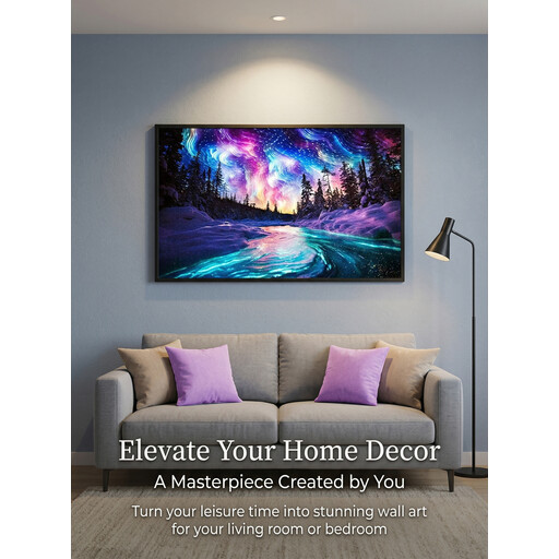 A large diamond painting kit depicting a vibrant aurora borealis over a forest landscape