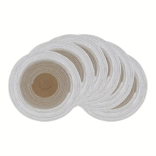 A set of six round woven placemats in a gradient khaki colour, neatly stacked.