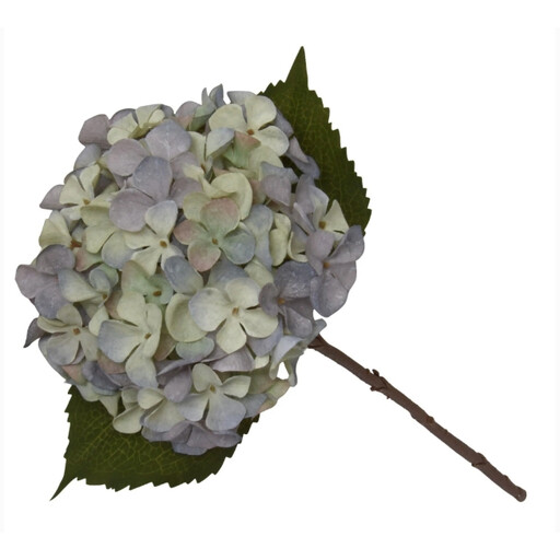 A single stem of a blue artificial hydrangea