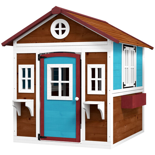 A dark brown wooden playhouse with a sloped roof, red door, blue window frames, and front planter boxes.