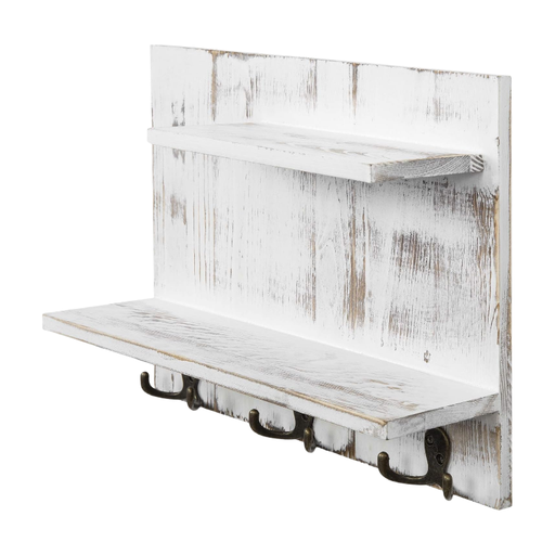 MyGift 2 Tier Wall Mounted Shabby White Washed Solid Wood Bathroom Storage Shelves