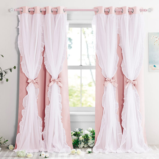 PONY DANCE Girls Curtains for Bedroom Decorative Drapes for Kids Double Layer Curtain Ruffle Sheer Overlay Room Darkening Pretty Chic Princess, 2 Panels, W140 x L245 cm, Blush Pink