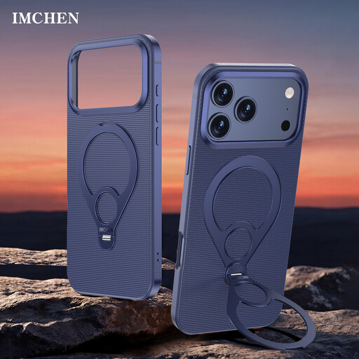 Coque iPhone 17 Pro Max, Cadre en alliage, Support métallique rotatif 360°, Porte-anneau en cuir, Anti-chute, Bleu