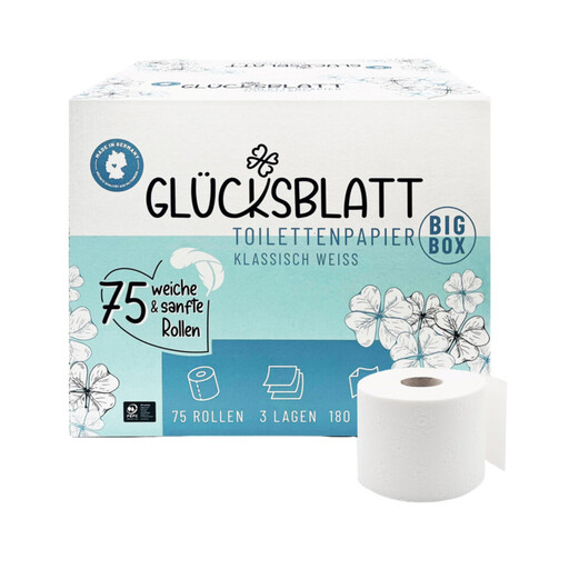 Glücksblatt Toilet Paper Big Box Classic White, 3-layer, 75 x 180 Sheets