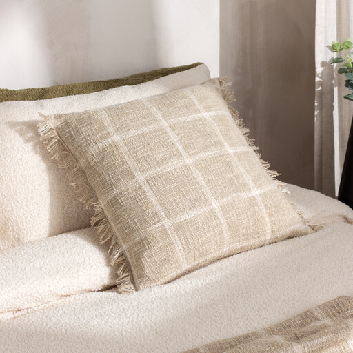 Yard Beni Square Cushion in a stone and natural check weave