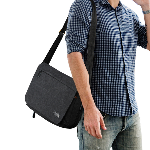 A brown canvas messenger bag with a front flap