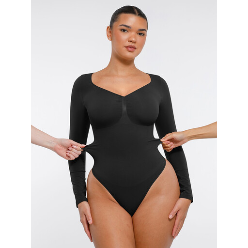 FeelinGirl Seamless Long Sleeve Arm Shaper Tummy Control Ruched Bust Thong Bodysuit for Women S Black, Couple Gift Perfect Gift