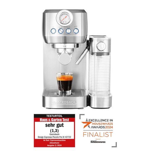 GASTROBACK Design Espresso Piccolo Pro M, E.S.E. Pod Coffee Machine, 20 Bar, Milk Frother, Silver - 62722