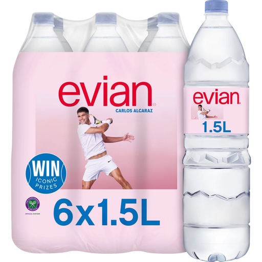 evian Still Water, six 1.5L bottles
