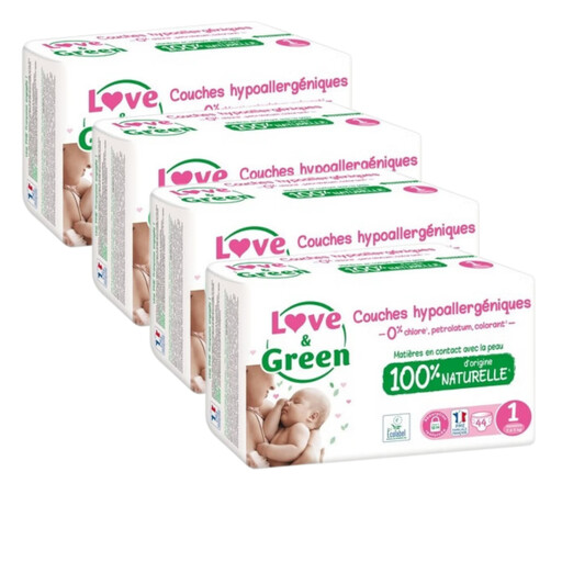LOVE & GREEN Baby Diapers Size 1 2-5kg Hypoallergenic Natural - Pack of 4 (176 Diapers)