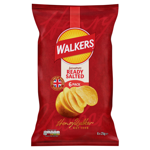 Walkers Ready Salted Crisps, six 25g bags