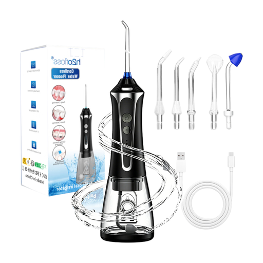 H2ofloss HF-2 electric toothbrush with 5 modes, 5 nozzles, USB rechargeable, IPX7 waterproof, 300ml water tank, black