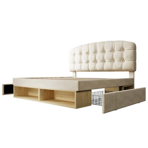 URBAN MEUBLE Velvet Metal Wood Series Double Bed with Storage Drawers