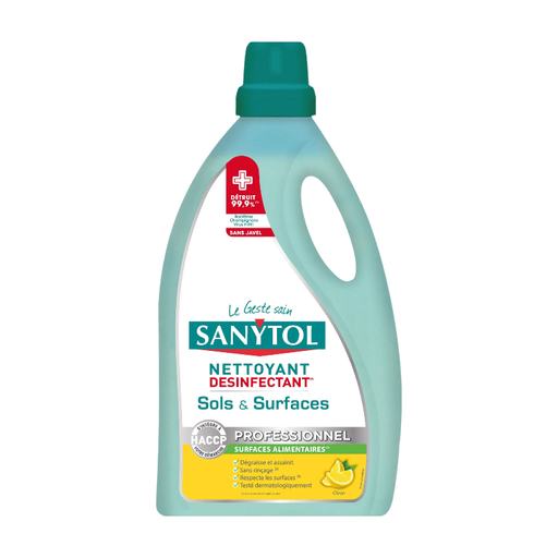SANYTOL Nettoyant Désinfectant Sols & Surfaces Antibactérien, Sans Javel, Citron, 5 L
