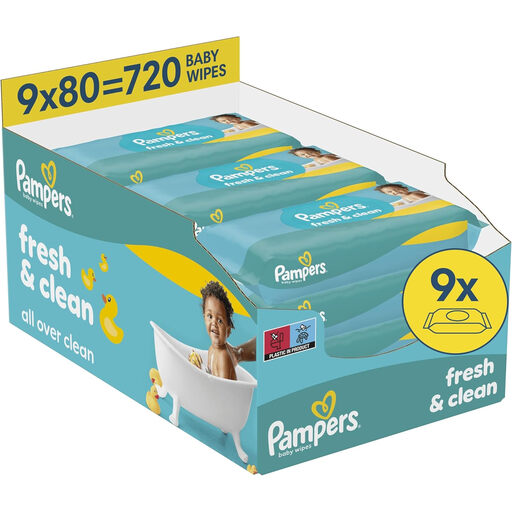 Pampers Fresh Clean Baby Wipes, 9 Packs of 80 Wipes