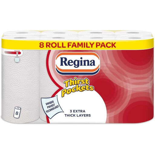 Regina Thirst Pockets Kitchen Roll, 3-Ply, 8 Rolls