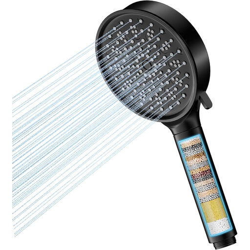 Cobbe Hard Water-Optimized Water-Saving Shower Head with 20-Stage Filtration， 6 High-Pressure Spray Modes， Anti-Limescale Filter (Black)