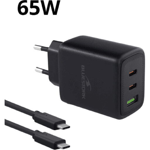 65W PD charger with USB-C USB-A cable, black