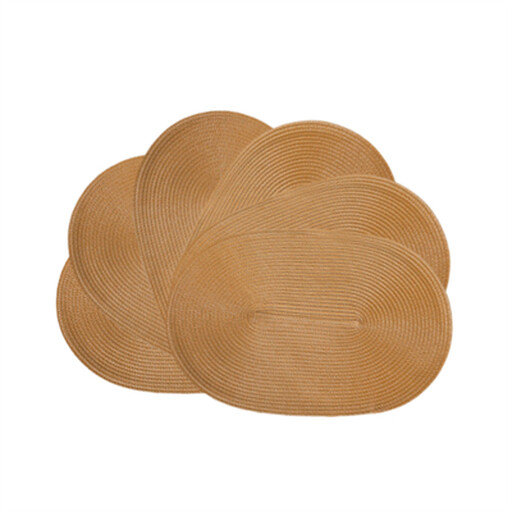 A set of six oval, hand-woven placemats in a straw yellow colour.