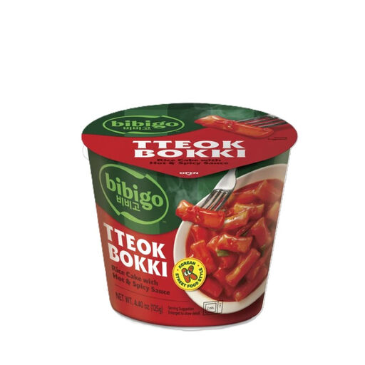 bibigo Tteokbokki Cup Hot & Spicy in its packaging