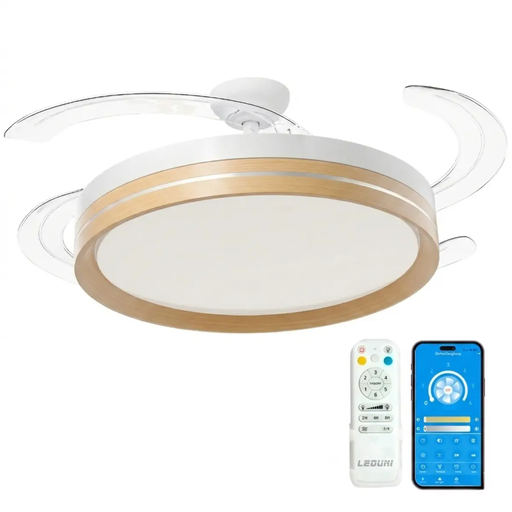 LEDUNI Ceiling Fan with LED Light Madera ?50cm, Remote+APP, DC Motor + LED, 66W, 4 Retractable Blades, CCT, Silent. CCT 3000K/4000K/6000K; Summer/Winter Reverse; Remote + App; ?107cm Open; Indoor Use.