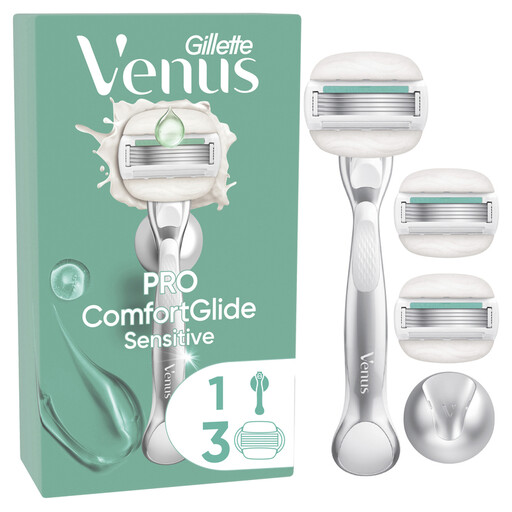 Gillette Venus Pro ComfortGlide Sensitive Women's Razor with a touch of Aloe Vera, 3 blade refills, durable metal handle, and shower hook
