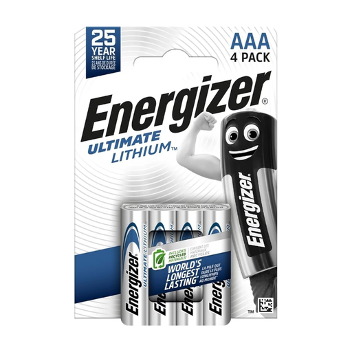 Energizer Batterie Lithium， Micro， AAA， FR03， 1.5V Ultimate Lithium， Retail Blister (4-Pack)