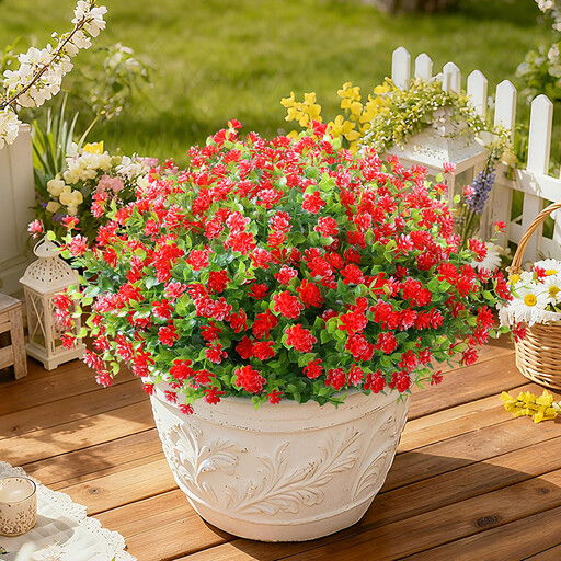 8Pcs 13.8in/35cm Artificial Fake Flowers No Fade Boxwood Faux Plastic Plants for Garden Patio Porch Window Box Home Wedding Farmhouse Décor (Red)