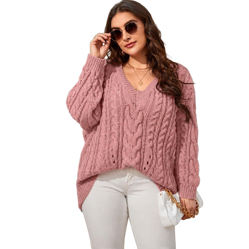 Women’s Plus Size V-Neck Cable-Knit Jumper, Long-Sleeved, Oversized, Hollow-Out Pullover, Casual Autumn/Winter Top, SIZE XXL, Pink