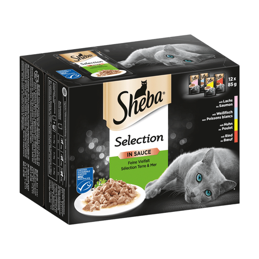 Sheba Nassfutter für Katzen Auswahl in Sauce, Feine Vielfalt, 12 Portionsbeutel (12 x 85g)