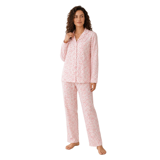 Women Floral Print Lapel Collar Pajama Set Pink XXL