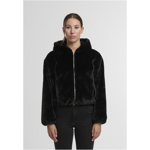 Urban Classics Ladies Full Zip Faux Fur Hoodie in Black