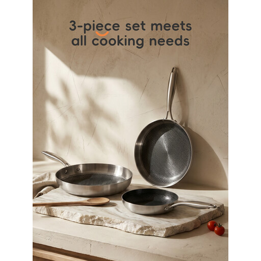 PURECOOK Stainless Steel Frying Pan Set in various sizes