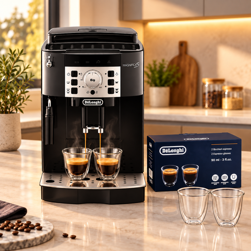 DE'LONGHI Magnifica S avec deux verres à espresso