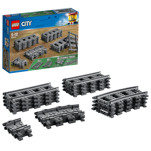 LEGO City 60205 Tracks set showing straight, curved, and flexible track pieces