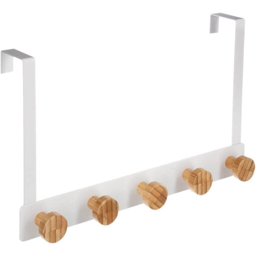 5five Over-Door Hook Rack - Bamboo & Steel, White, 5 Hooks