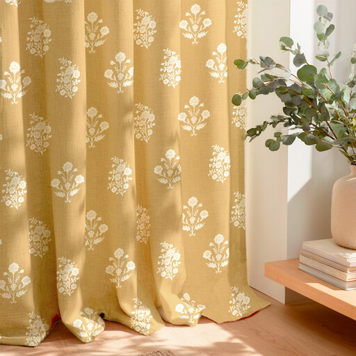 Faux linen curtains with mustard yellow floral pattern