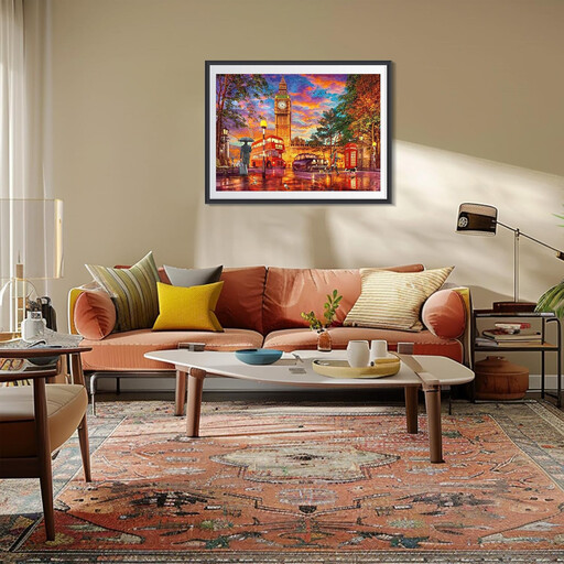 A 5D diamond painting kit showing a sunset over the London skyline with Tower Bridge.