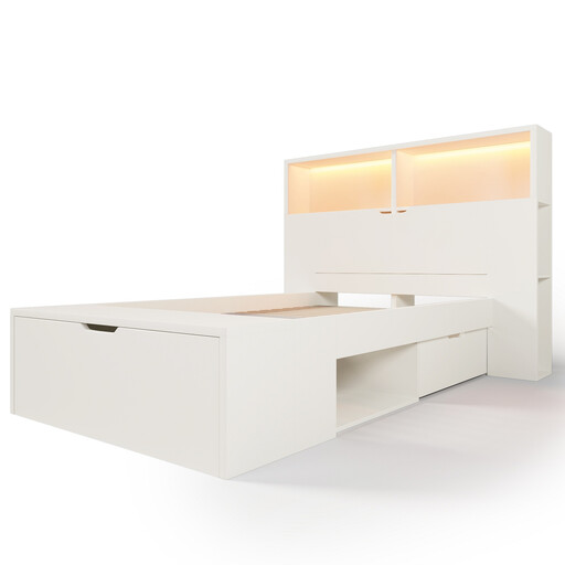 URBAN MEUBLE Holzbett Single Bed 90x200 cm White with Storage Drawers, LED Lighting, USB Ports