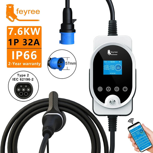 feyree EVSE Wallbox Type2 EV Charger 7KW 32A 1P Fast Charging APP Wi-Fi Control