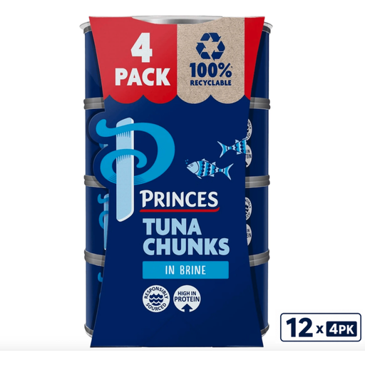 Princes tuna chunks in brine, 4 x 145g format supplied as 12 packs
