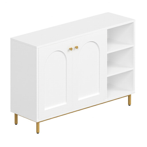 Buffet Bas 2 Portes avec Étagère, Blanc et Or