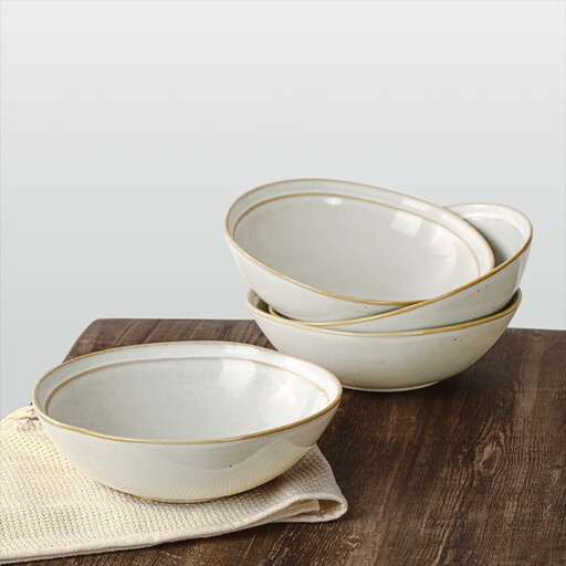 4 Large Bowls with Double Ring in Yellow and White