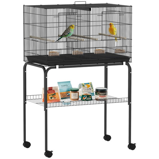 Large Indoor Steel Bird Cage Aviary with Divider, 4 Wooden Perches and 4 Feeders, Sliding Tray, Ideal for Lovebirds and Canaries, 76 x 46 x 116 cm, Black, T1003-01-19300