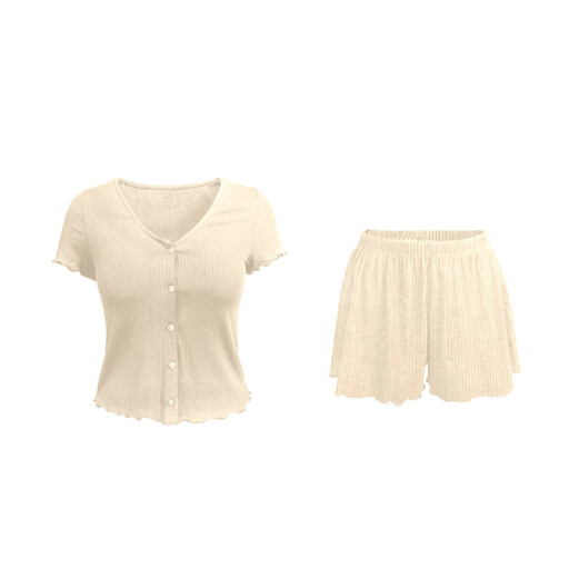 IZURIA V-Neck Beige Short Sleeved Top and Shorts Set L