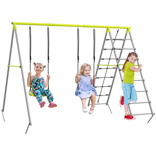 4 in 1 Children's Swing Set with 2 Seats Climbing Ladder and Climbing Net