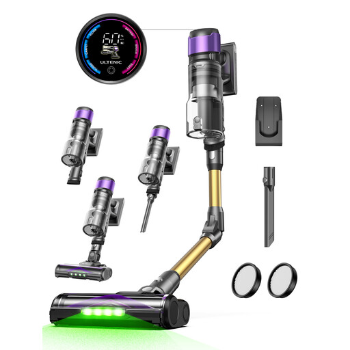 Ultenic U-2O Cordless Vacuum Cleaner, 55KPa/60Min, Anti-Hair Wrap Brush, Foldable Wand, LED Display, Self-Standing for Floors, Carpet & Pet Hair